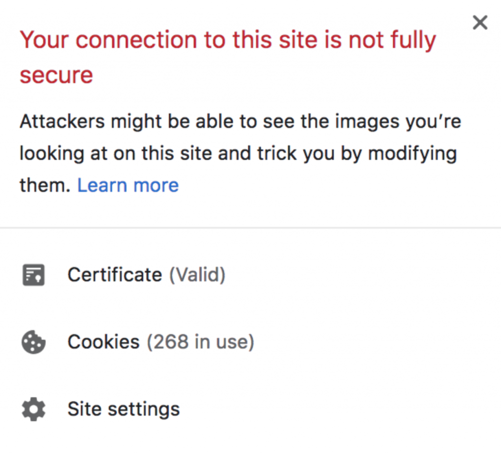 Mensagem de erro do Chrome para alertar o usuário sobre conteúdo misto